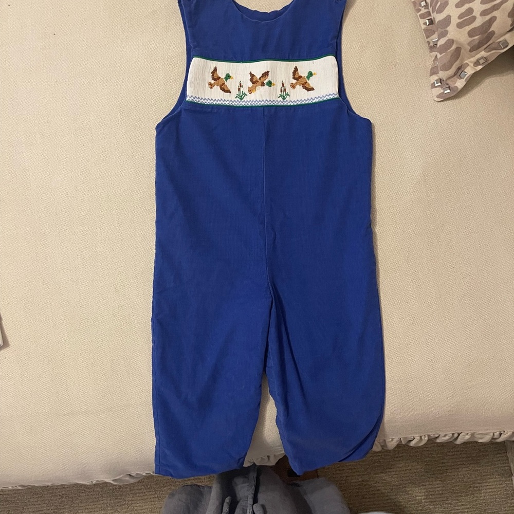 Velani Blue Corduroy John John with smocked Duck Design